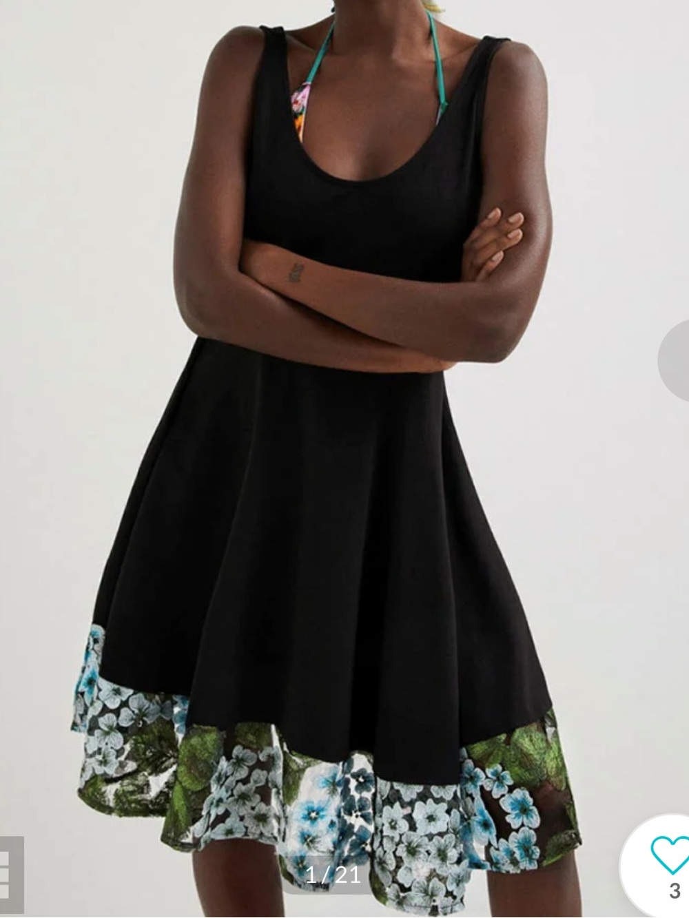 Desigual Sz S Dress Black Fit & Flare Floral Hem Blue Green Skater Sleeveless。